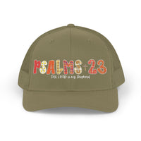 Khaki-green trucker cap with mesh back, featuring PSALMS + 23 and The Lord is my shepherd embroidery, adjustable snap closure for comfort and style.