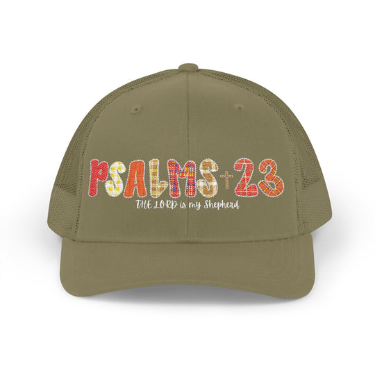 Khaki-green trucker cap with mesh back, featuring PSALMS + 23 and The Lord is my shepherd embroidery, adjustable snap closure for comfort and style.