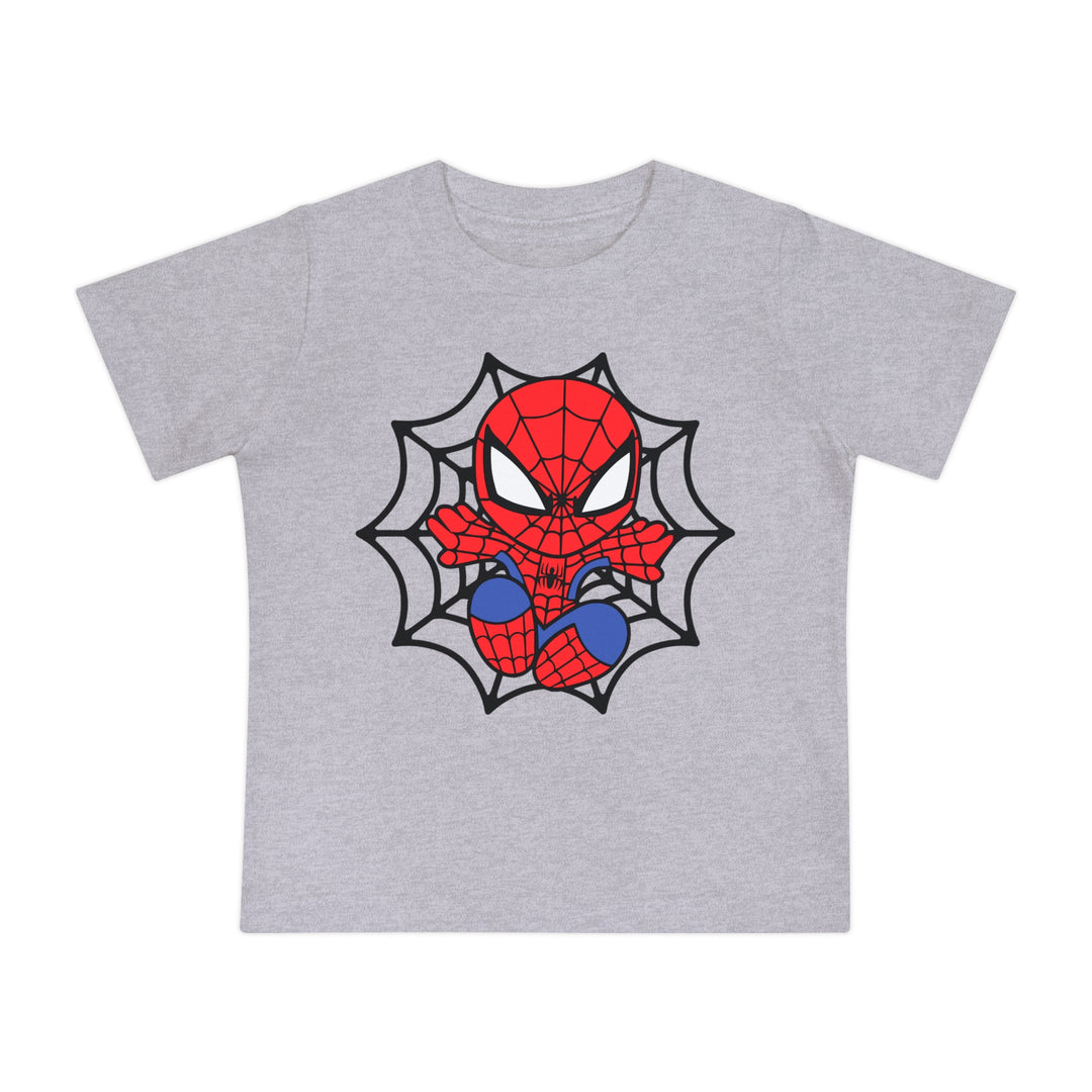 Spider Kid Baby Tee featuring a chibi Spider-Man crouched in front of a black spider-web, on a light-gray, soft, and durable cotton t-shirt for infants.