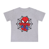 Spider Kid Baby Tee featuring a chibi Spider-Man crouched in front of a black spider-web, on a light-gray, soft, and durable cotton t-shirt for infants.