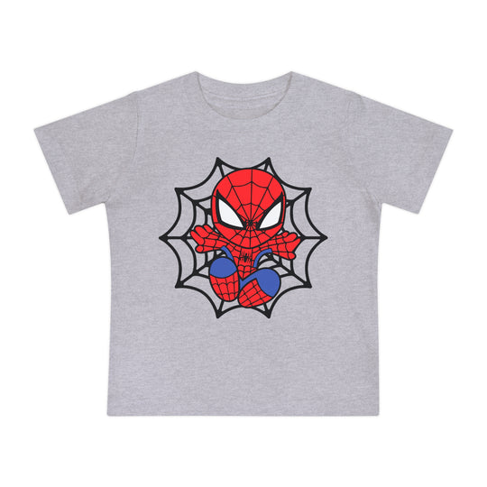 Spider Kid Baby Tee featuring a chibi Spider-Man crouched in front of a black spider-web, on a light-gray, soft, and durable cotton t-shirt for infants.