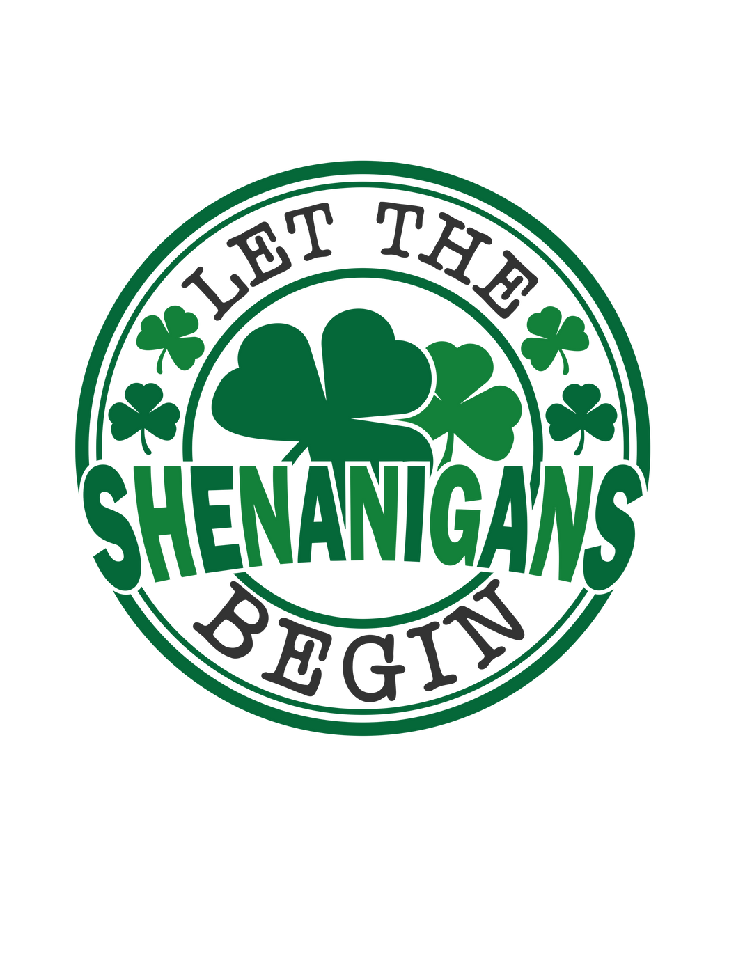 Let The Shenanigans Begin Tee featuring a green clover and letter G logo, perfect for casual wear with its soft, durable cotton fabric.