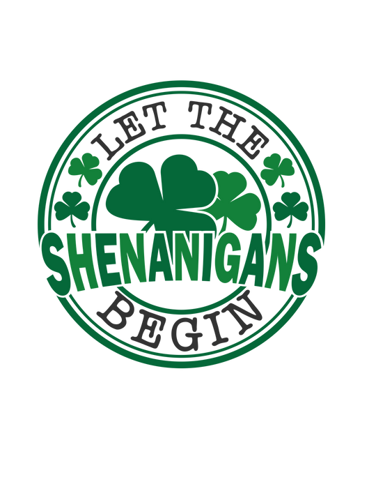 Let The Shenanigans Begin Tee featuring a green clover and letter G logo, perfect for casual wear with its soft, durable cotton fabric.