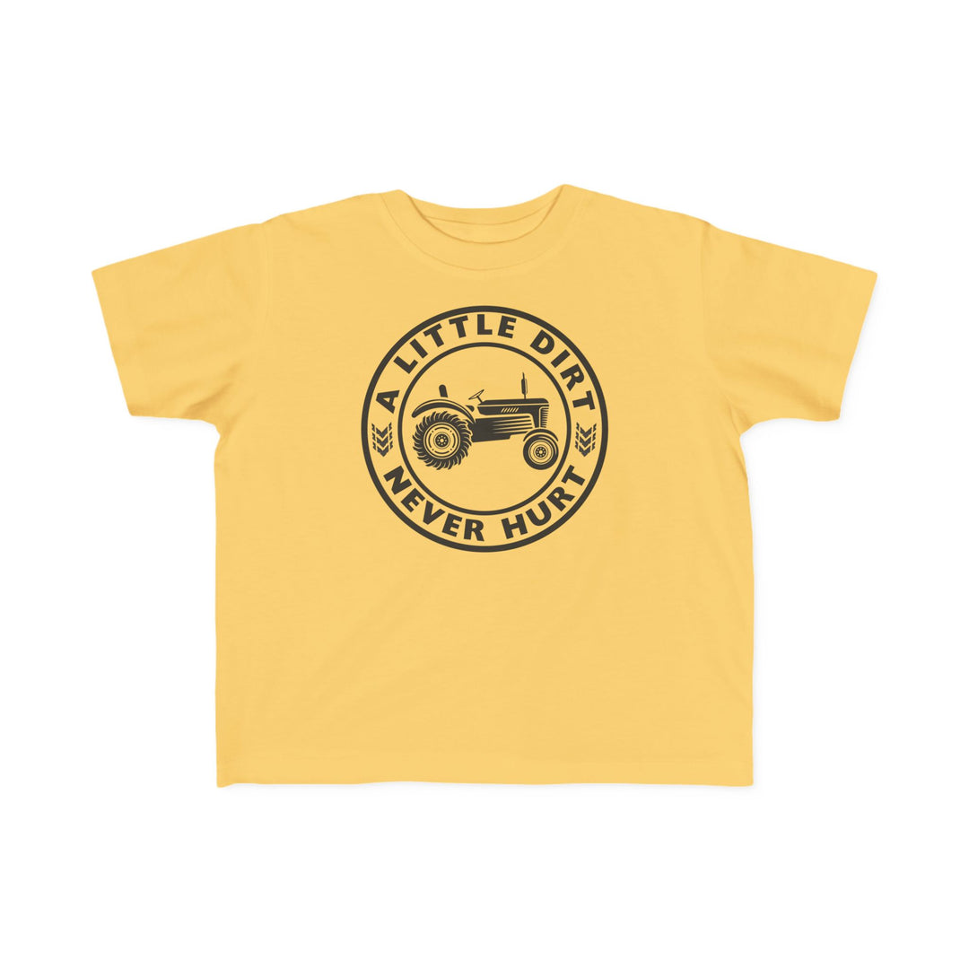 Toddler wearing A Little Dirt Never Hurt tee with tractor graphic, perfect for sensitive skin, featuring soft cotton and durable print.