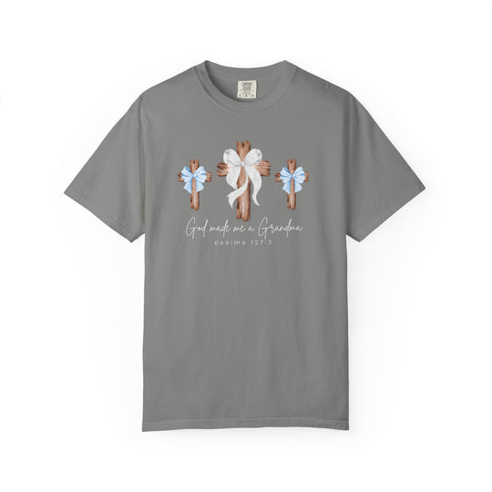 Heather-gray tee featuring three rustic wooden crosses with bows and God made me a Grandma text, offering comfort and style from Faith Family Designs.