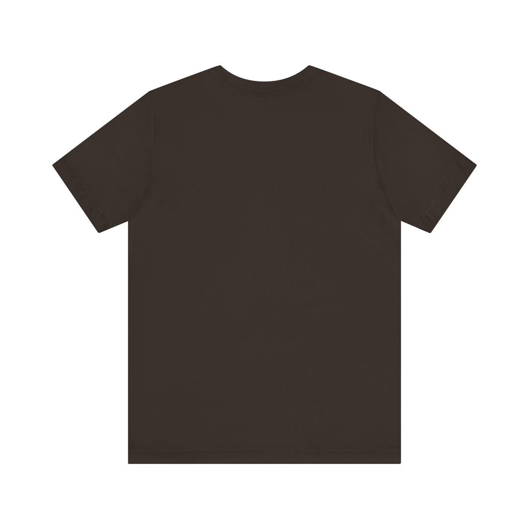 Reindeer Rodeo Tee, unisex dark brown short-sleeved T-shirt, displayed flat, showcasing its plain back design, highlighting its soft cotton and durable construction.