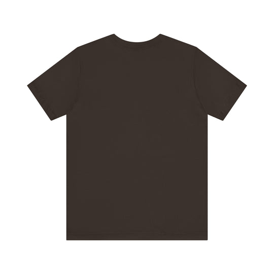 Reindeer Rodeo Tee, unisex dark brown short-sleeved T-shirt, displayed flat, showcasing its plain back design, highlighting its soft cotton and durable construction.