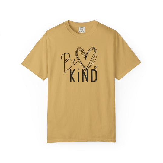 Be Kind Tee in mustard yellow with hand-lettered inspirational slogan and heart design, embodying Faith Family Designs' unique graphic t-shirts ethos.