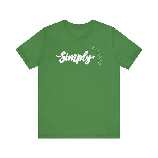 Simply Blessed Tee, a green unisex jersey short sleeve shirt with white text, offering a soft cotton feel and durable design for everyday comfort.