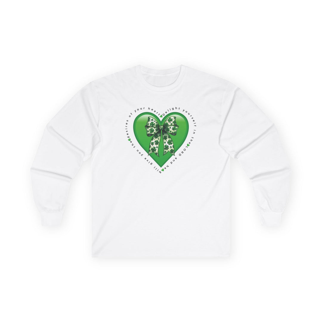 Delight in the Lord Long Sleeve Tee featuring a glossy green heart with shamrock bow and scripture, perfect for comfort and style.