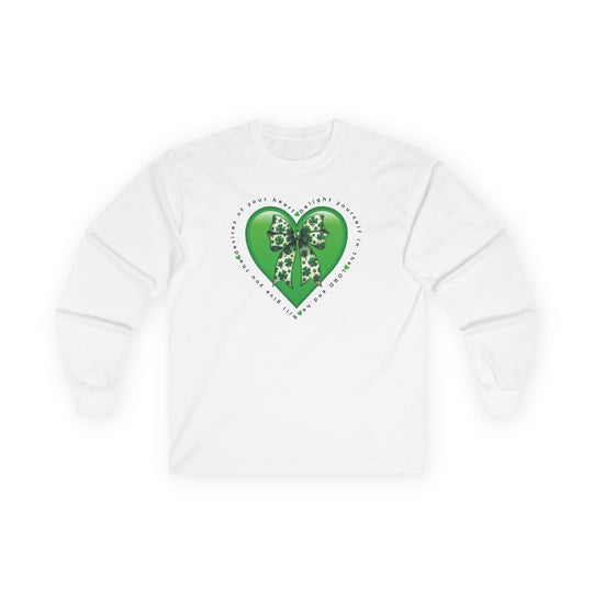 Delight in the Lord Long Sleeve Tee featuring a glossy green heart with shamrock bow and scripture, perfect for comfort and style.