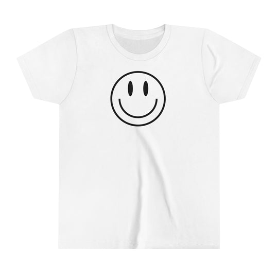 Youth white t-shirt featuring a smiley face design. Lightweight and comfortable, perfect for kids. Made of 100% Airlume combed cotton. Retail fit with tear-away label. Ideal for custom artwork.