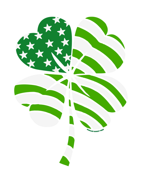 Unisex USA Clover Tee with green and white shamrock, heart, and clover designs. Medium weight, classic fit, 100% cotton fabric with ribbed knit collar. No side seams for comfort.