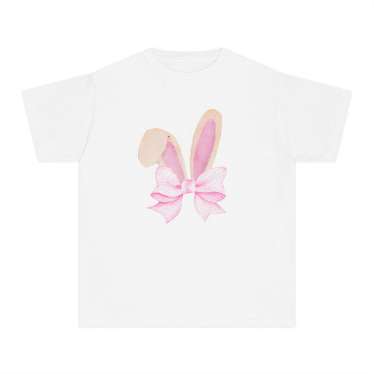 Bunny Bow Kids Tee: A white short-sleeve T-shirt featuring stylized bunny ears and a pink watercolor bow, made from soft-washed, 100% combed ringspun cotton for comfort.