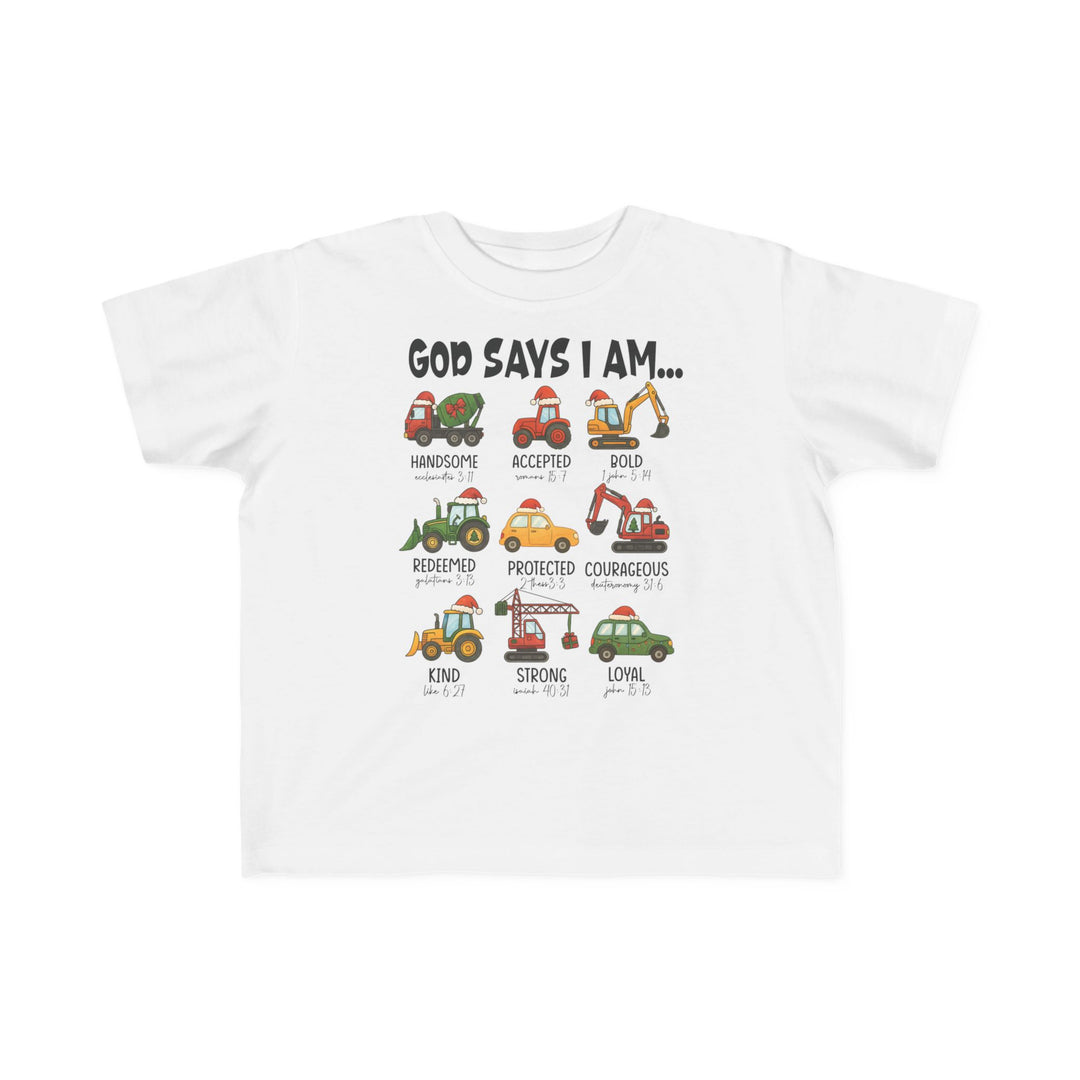 God Says Christmas Truck Toddler Tee featuring cartoon vehicles with affirmations and Bible references, perfect for sensitive skin with durable, high-quality print.