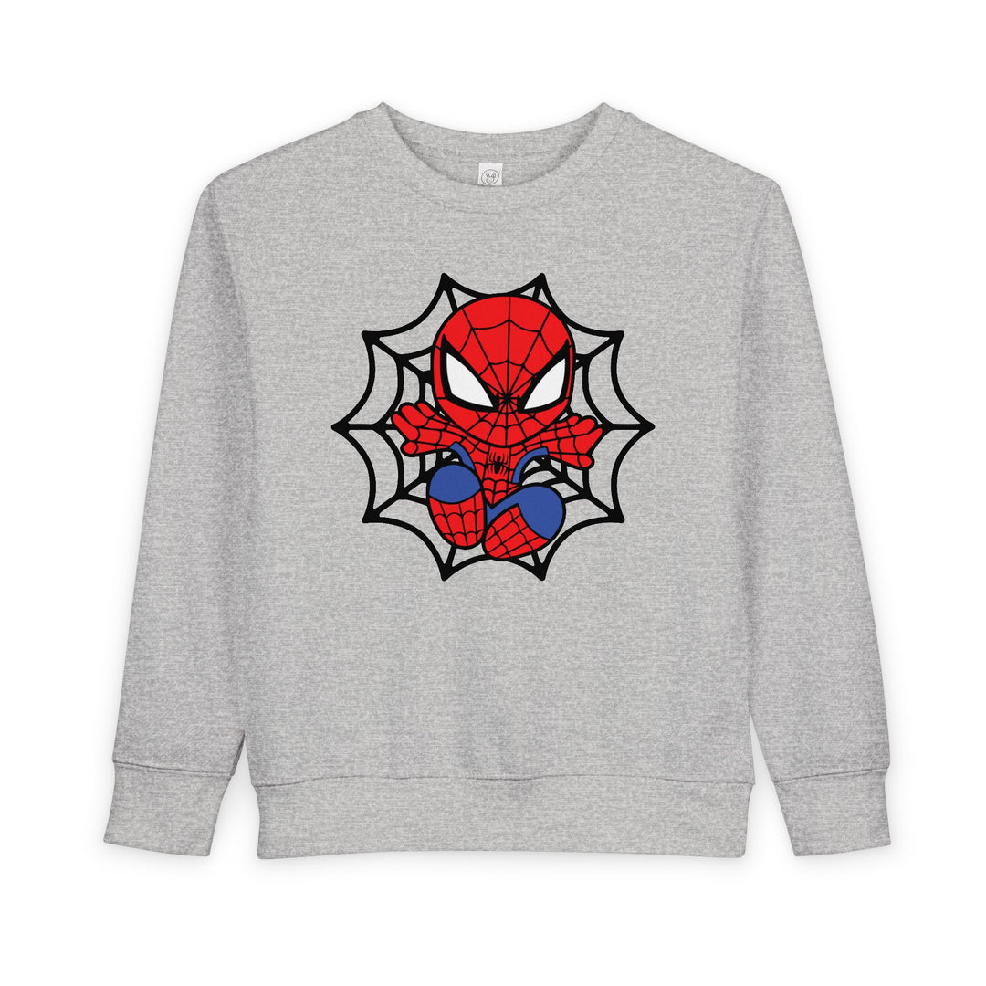 Spider Kid Toddler Crew: Light-gray sweatshirt featuring a chibi Spider-Man on a black web. Cozy, durable, and CPSIA compliant for toddler comfort and safety.