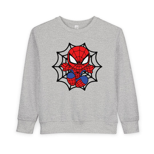 Spider Kid Toddler Crew: Light-gray sweatshirt featuring a chibi Spider-Man on a black web. Cozy, durable, and CPSIA compliant for toddler comfort and safety.