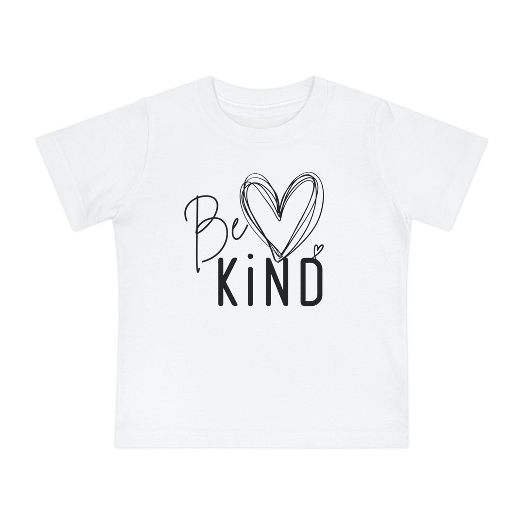 Be Kind Baby Tee features a black Be Kind graphic with heart motifs on a white, short-sleeved shirt, perfect for infants' comfort and style.
