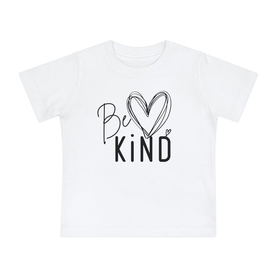 Be Kind Baby Tee features a black Be Kind graphic with heart motifs on a white, short-sleeved shirt, perfect for infants' comfort and style.