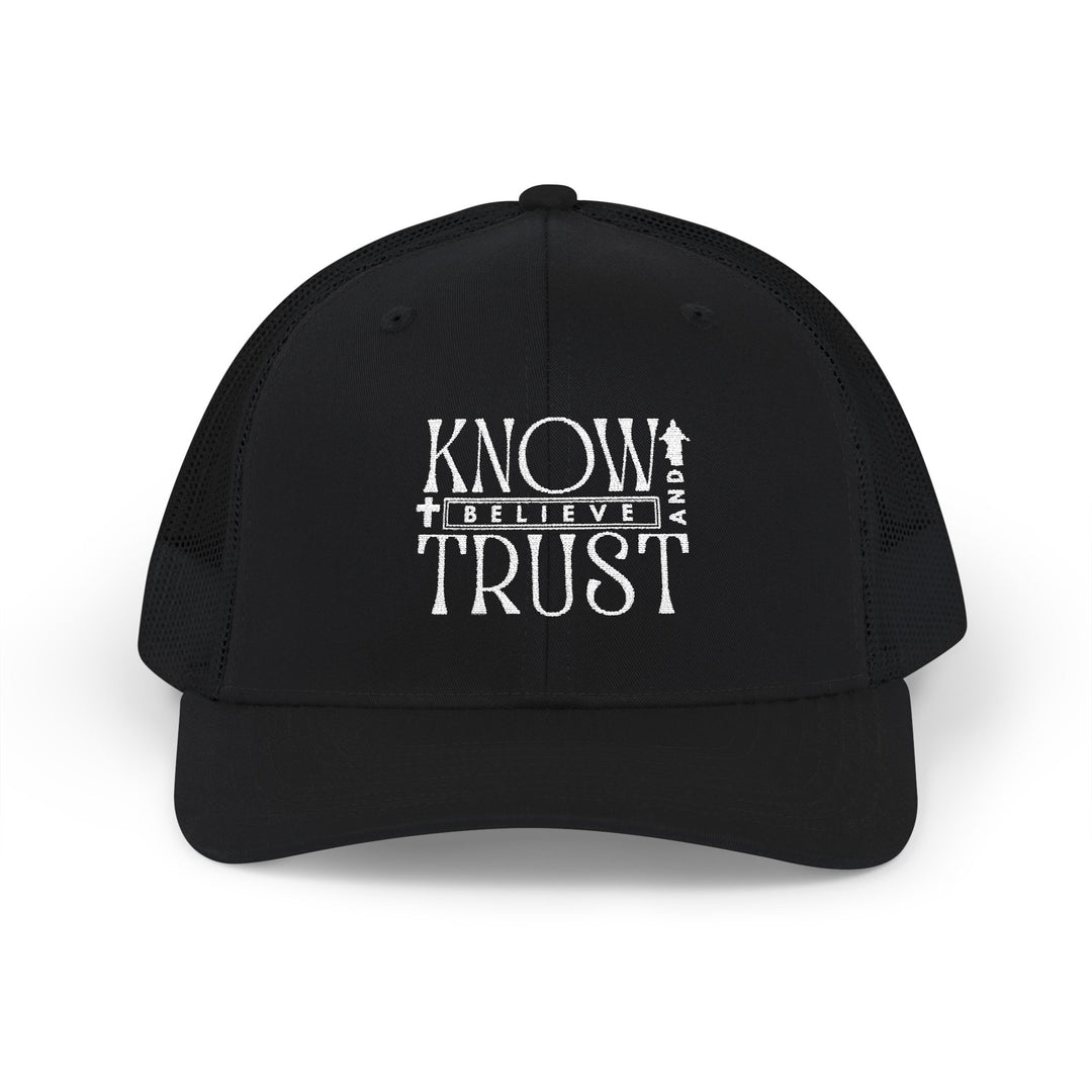 Know and Trust Snapback Trucker Cap with white embroidered text, featuring a classic 6-panel design, adjustable snap closure, and breathable mesh back for comfort.