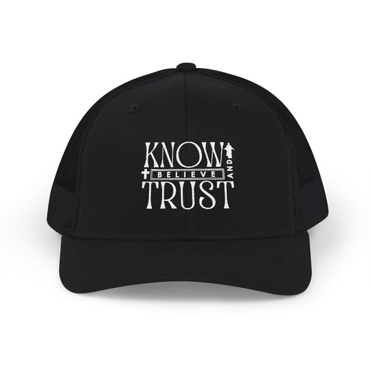 Know and Trust Snapback Trucker Cap with white embroidered text, featuring a classic 6-panel design, adjustable snap closure, and breathable mesh back for comfort.