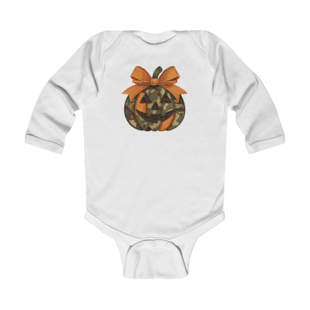 Jackie O Long Sleeve Onesie featuring a camouflage jack-o’-lantern with an orange bow, perfect for infants, combines durability with comfort and ease of changing.