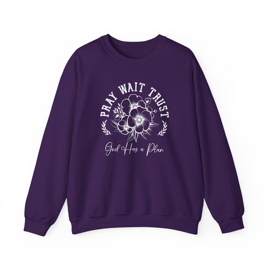Pray Wait Trust Crew: Purple sweatshirt with white text and floral design, unisex, 50% cotton and 50% polyester blend, ribbed collar, comfortable fit.