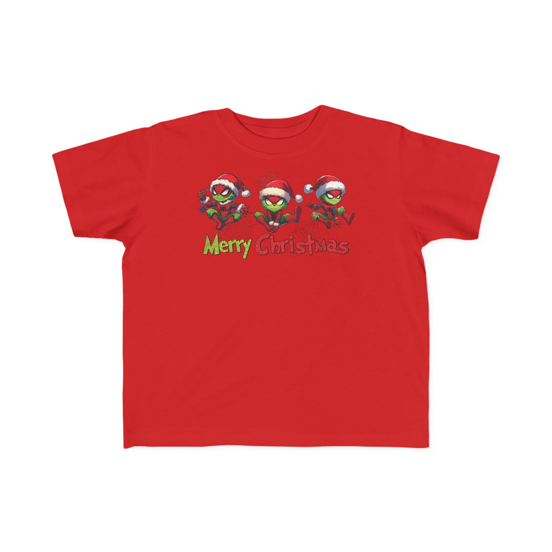 Spider Toddler Tee featuring festive, masked characters in Santa hats with Merry Christmas text; perfect soft fit for toddlers, made from 100% combed cotton.