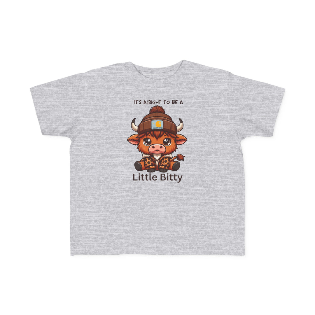 Little Bitty Toddler Tee featuring a cartoon cow on a grey shirt. Soft 100% combed ringspun cotton, tear-away label, classic fit. Available in sizes 2T to 5-6T. Ideal for sensitive skin.