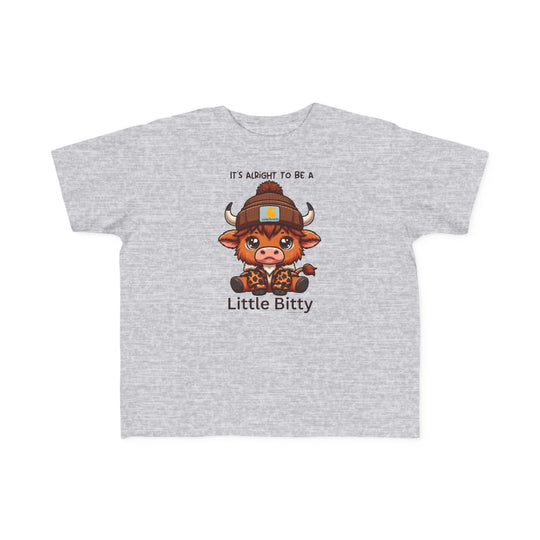 Little Bitty Toddler Tee featuring a cartoon cow on a grey shirt. Soft 100% combed ringspun cotton, tear-away label, classic fit. Available in sizes 2T to 5-6T. Ideal for sensitive skin.