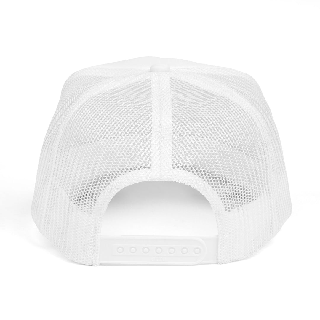 Back view of the Be Kind Foam Trucker Hat, featuring white mesh panels and an adjustable snap-back closure. Perfect for customization with embroidery.