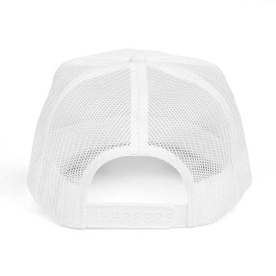 Back view of the Be Kind Foam Trucker Hat, featuring white mesh panels and an adjustable snap-back closure. Perfect for customization with embroidery.