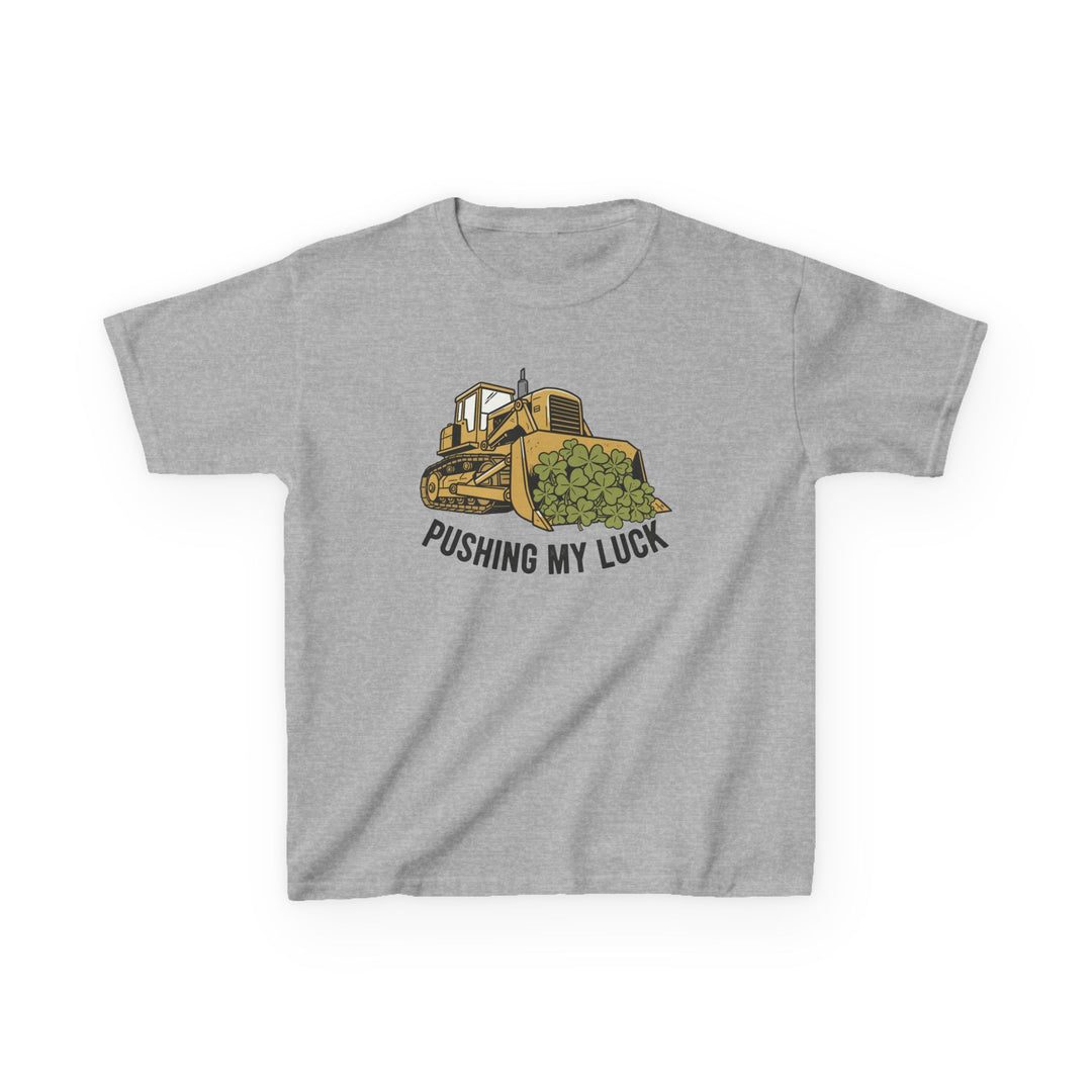 Light-gray Pushing My Luck kids tee, featuring a bulldozer graphic with clover leaves, made from durable, soft cotton, perfect for everyday wear.