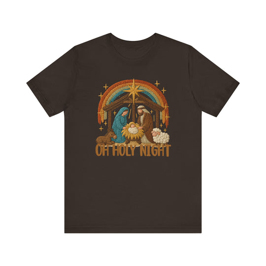 Oh Holy Night Tee featuring a stylized Nativity scene with Mary, Joseph, baby Jesus, animals, and a rainbow arch, embodying Faith Family Designs' unique graphic t-shirt style.