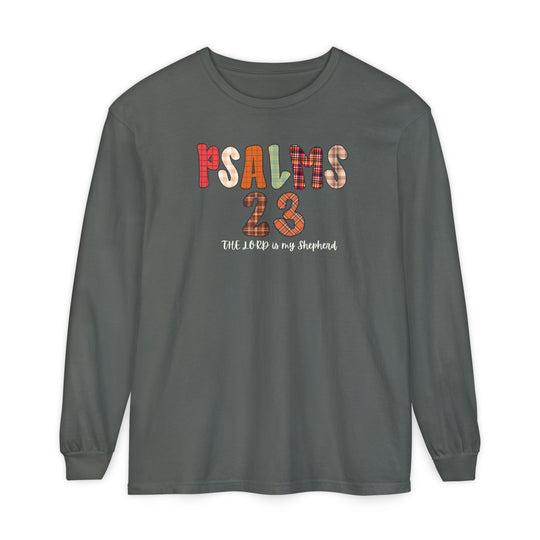 Psalms 23 Long Sleeve Tee with patchwork plaid PSALMS and 23 design, featuring The Lord is my Shepherd script on dark-gray cotton shirt.