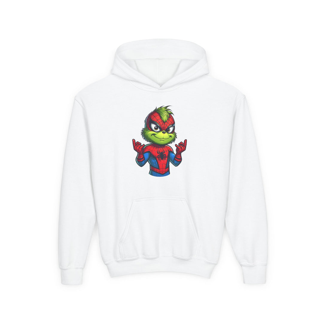 Christmas Spider Youth Hoodie featuring a Grinch-like character in Spider-Man costume, showcasing web-shooting gesture. Ultra-soft fleece with kangaroo pocket and reinforced neck.