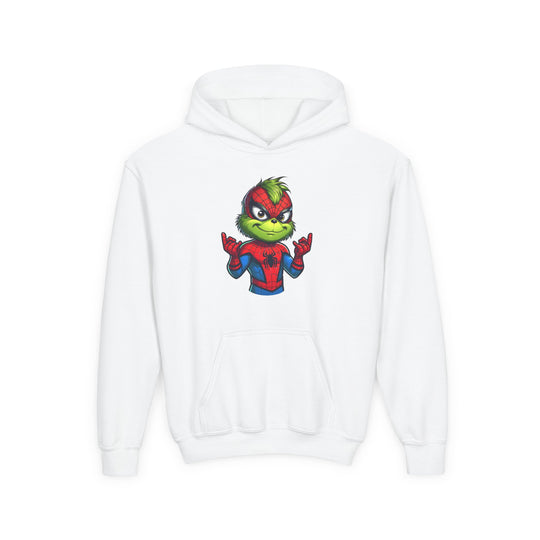Christmas Spider Youth Hoodie featuring a Grinch-like character in Spider-Man costume, showcasing web-shooting gesture. Ultra-soft fleece with kangaroo pocket and reinforced neck.