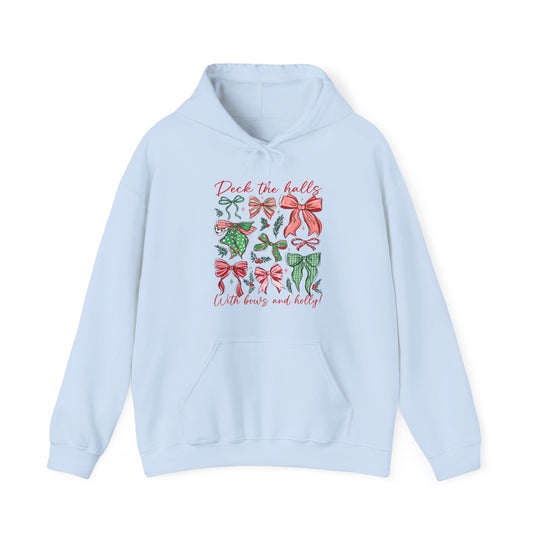 Deck the Halls Hoodie with festive Christmas print featuring red and green bows and holly, slogan, and kangaroo pocket, perfect for cozy winter days.