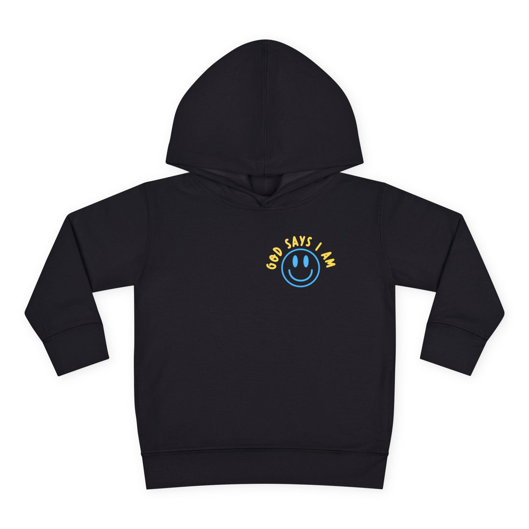I AM Toddler Hoodie featuring a blue smiley-face graphic and GOD SAYS I AM. text, designed for comfort with jersey-lined hood and side-seam pockets.