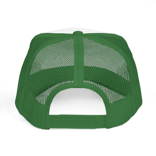 Rear view of a green Copy of Trucker Cap with mesh panels and adjustable snap-closure, highlighting its durability and customization potential for versatile wear.