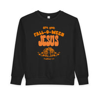 Black crew-neck sweatshirt for toddlers featuring are you FALL-O-WEEN JESUS text and pumpkin graphic, combining warmth with a playful, faith-inspired design.