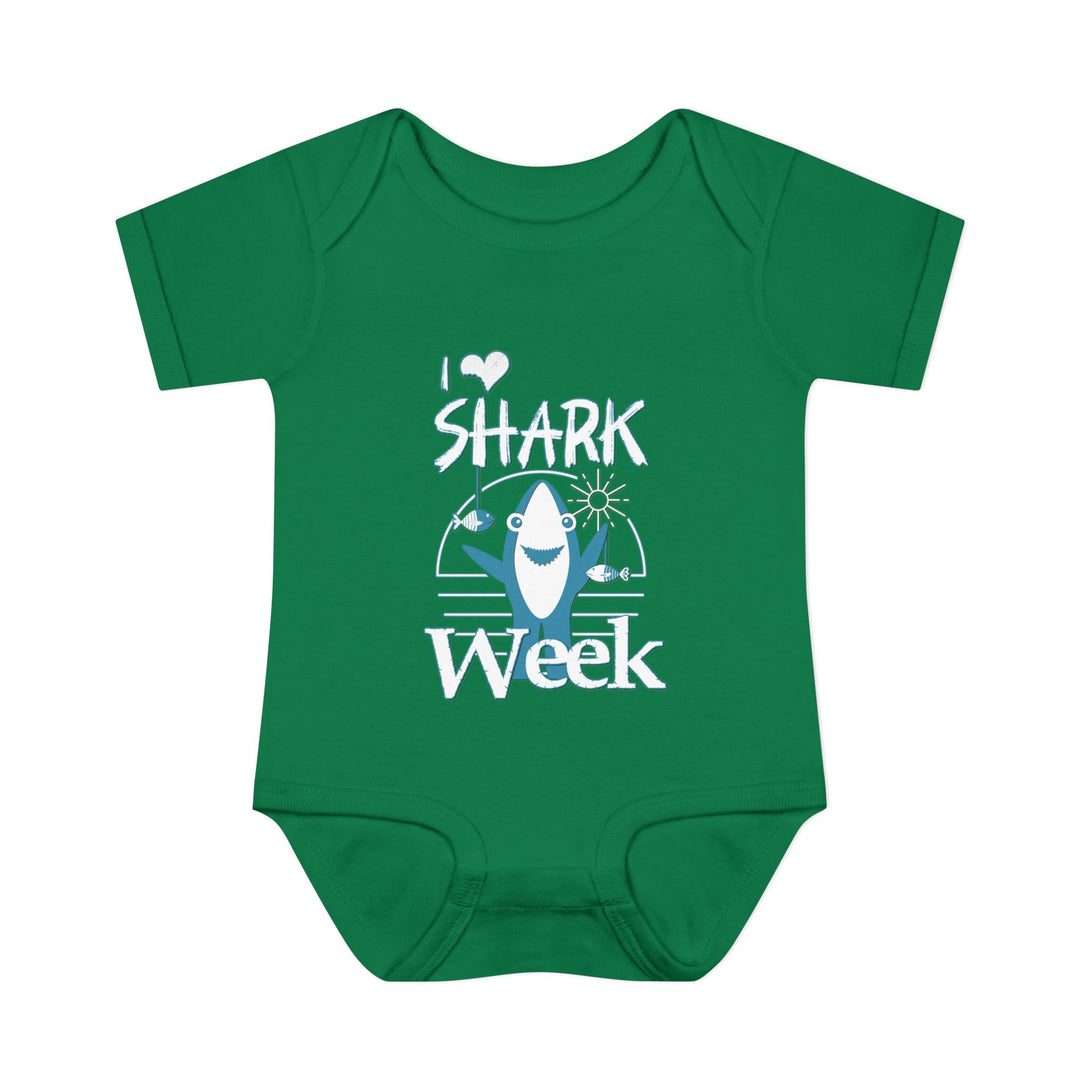 Infant I Love Shark Week onesie, featuring soft, 100% ring-spun cotton for comfort, with lap shoulders for easy dressing. Ideal for babies aged 0-24 months.