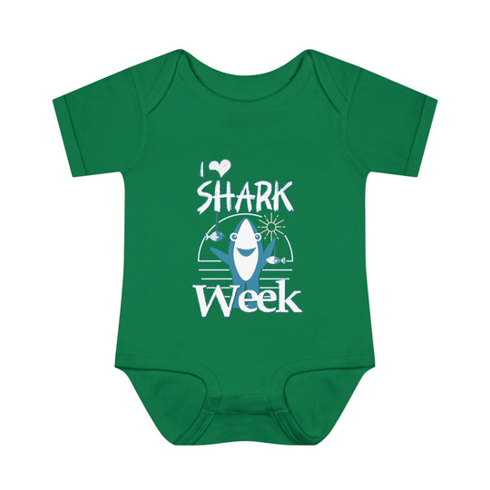 Infant I Love Shark Week onesie, featuring soft, 100% ring-spun cotton for comfort, with lap shoulders for easy dressing. Ideal for babies aged 0-24 months.