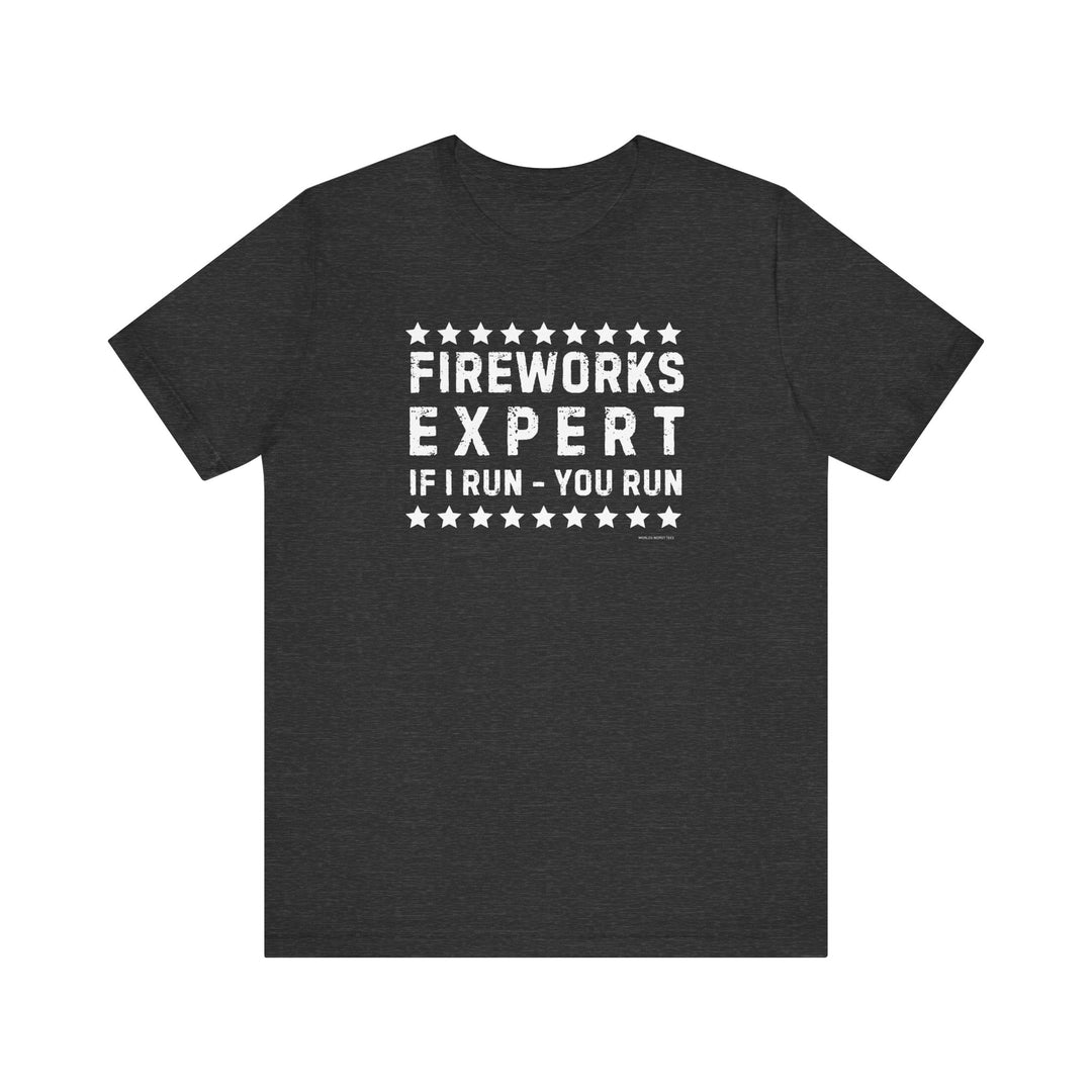 A black Firework Expert Tee with white text, a classic unisex jersey short sleeve tee made of 100% Airlume combed and ringspun cotton. Features ribbed knit collars, taping on shoulders, and tear away label.