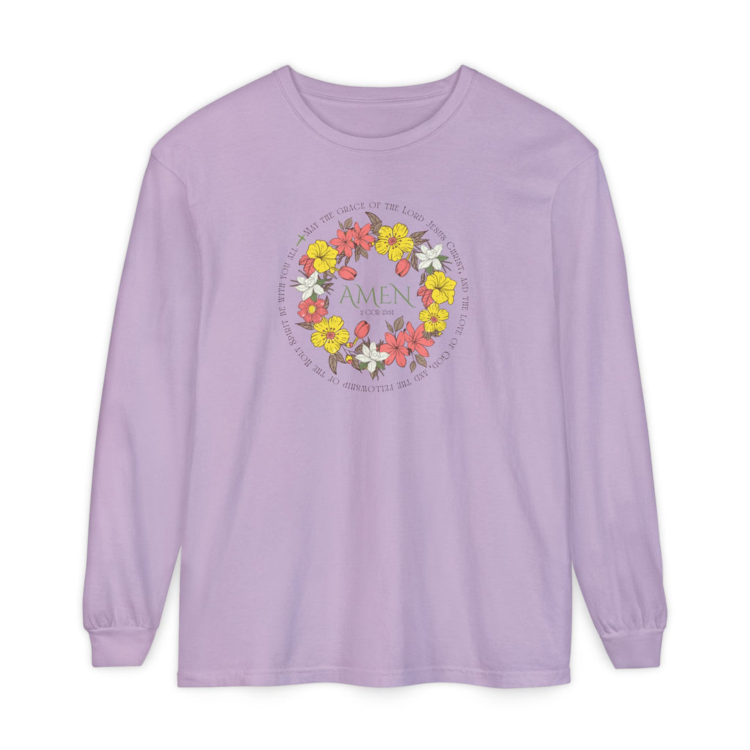 Pastel lavender Amen Long Sleeve Tee with floral wreath and 2 Cor 13:14 verse, offering comfort and style from Faith Family Designs.