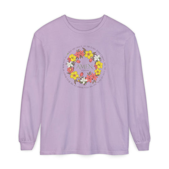 Pastel lavender Amen Long Sleeve Tee with floral wreath and 2 Cor 13:14 verse, offering comfort and style from Faith Family Designs.