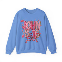 Light-blue crewneck sweatshirt with “JOHN 3:16” in pink patterns, adorned with hearts and sparkles. Comfortable polyester-cotton blend, ribbed collar, unisex fit.