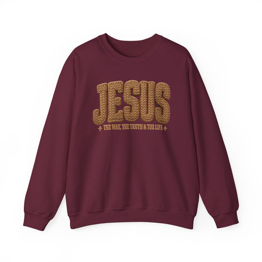 Burgundy crewneck sweatshirt with JESUS and The Way, The Truth & The Life graphic, emphasizing comfort and fit from Faith Family Designs.