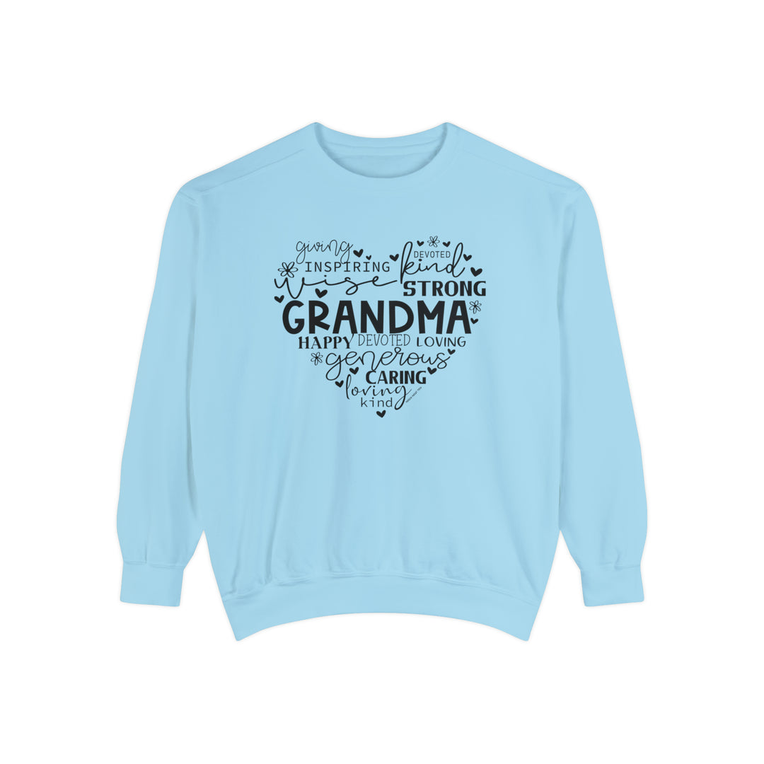Unisex Grandma Crew sweatshirt in blue with black text. Made of 80% ring-spun cotton and 20% polyester, featuring a relaxed fit and rolled-forward shoulder. Luxurious comfort in medium-heavy fabric.