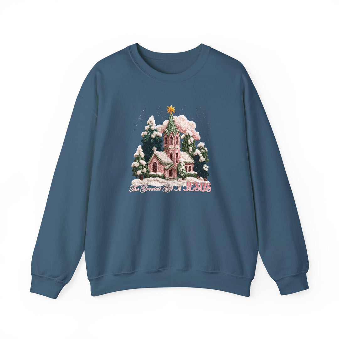 Gift is Jesus Crew sweatshirt with a serene snow-covered church scene, fir trees, and star, highlighting the message: “The Greatest Gift is JESUS.” Perfect for cold seasons.